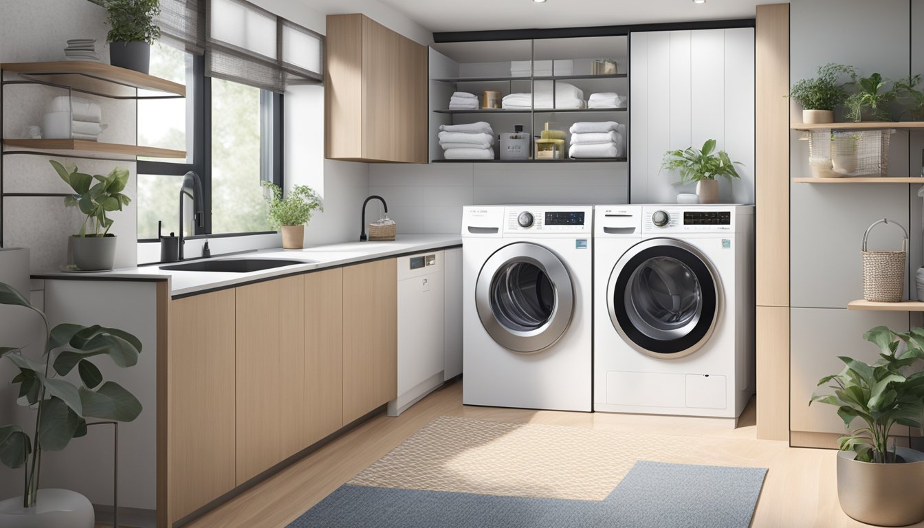 A modern washer dryer sits in a sleek Singaporean home, surrounded by clean laundry and a tidy living space