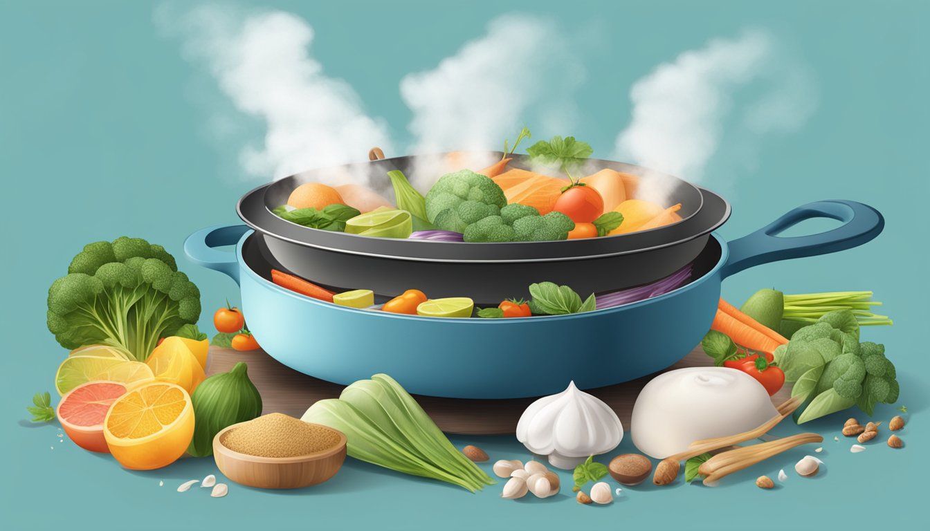A ceramic pan surrounded by various food ingredients, with a steam rising from it
