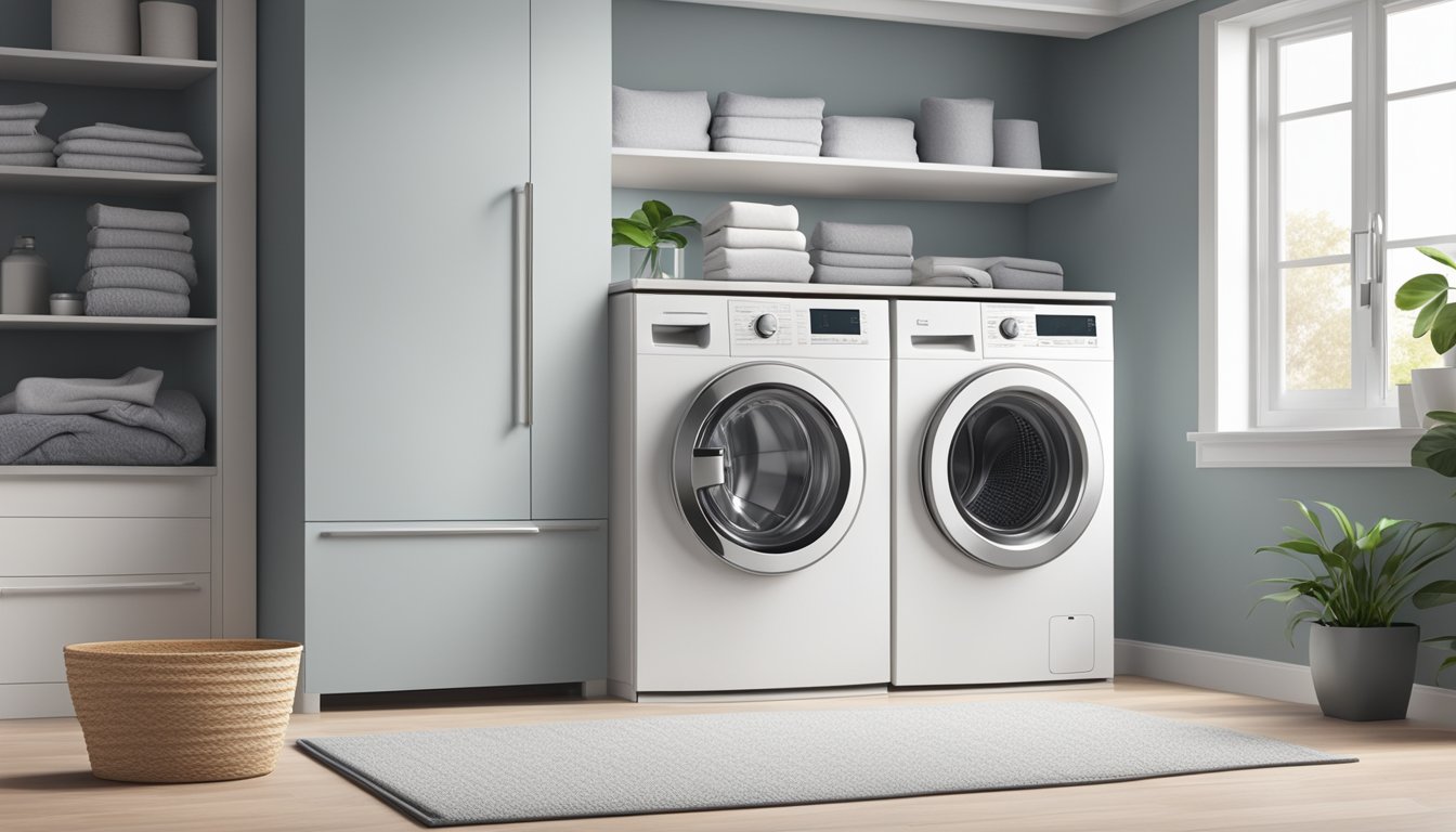 A modern front load washing machine sits in a bright, clean laundry room. The machine is running, with laundry detergent and softener nearby