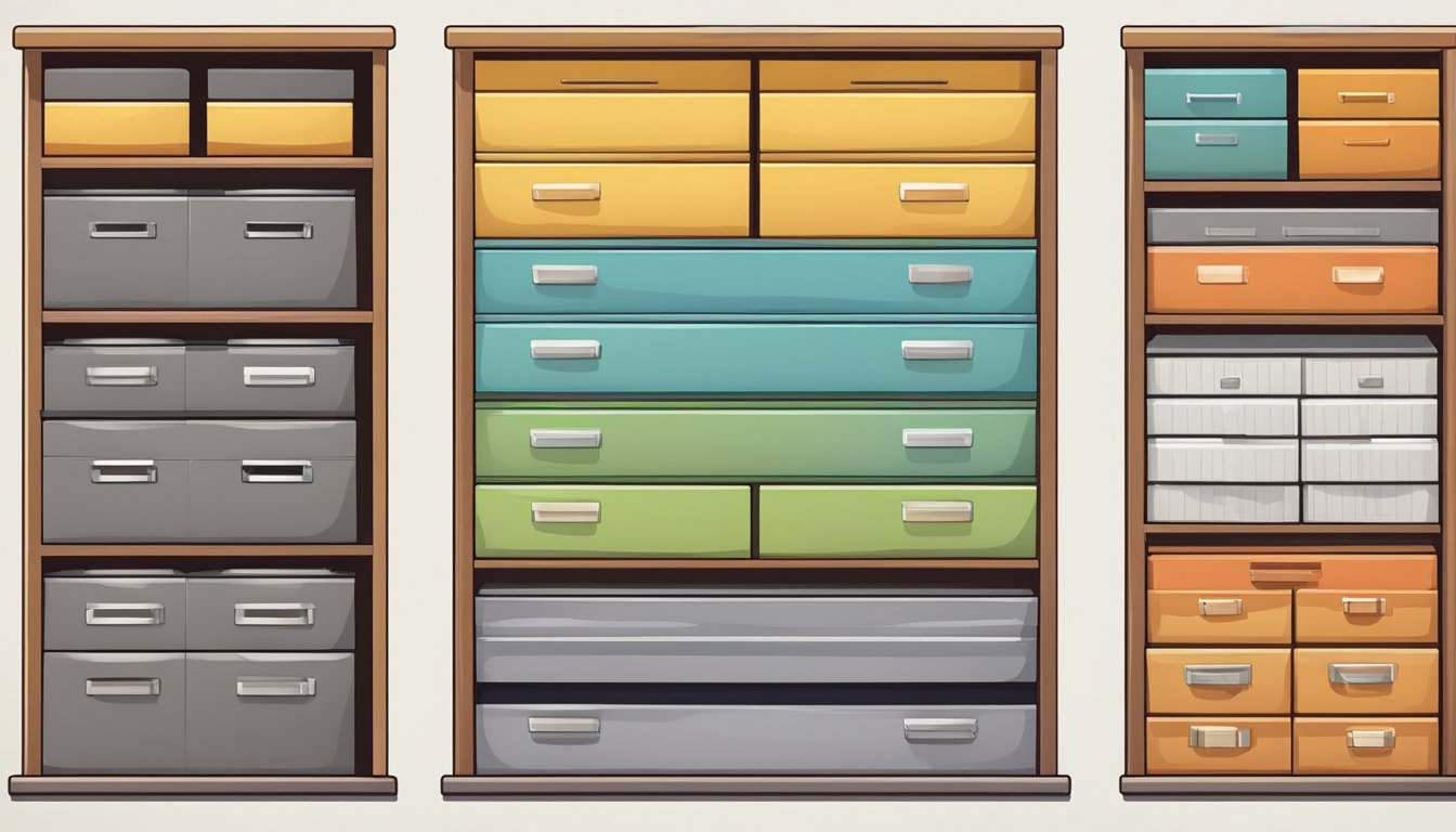 A set of storage drawers, varying in size and color, neatly organized and labeled with different items inside