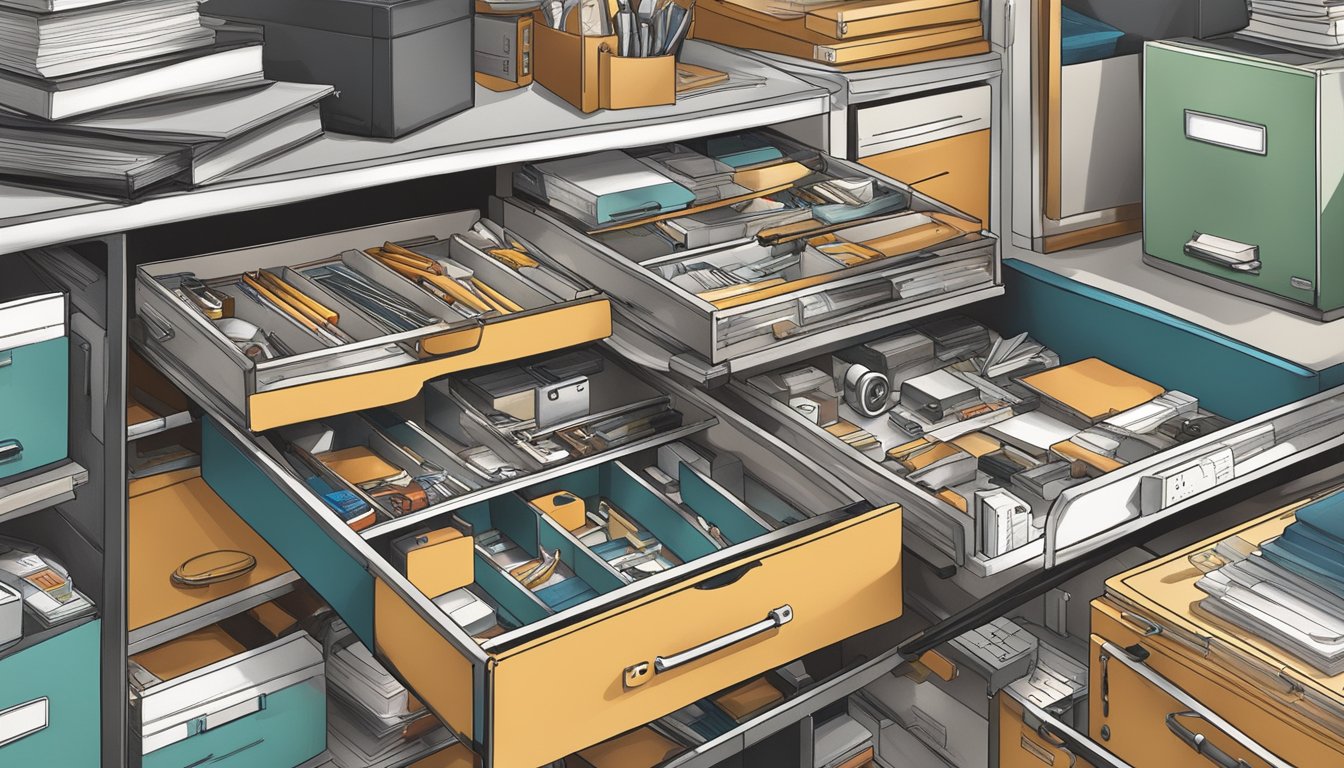 Various storage drawers open, revealing a jumble of items: tools, office supplies, and knick-knacks. Labels indicate organization attempts