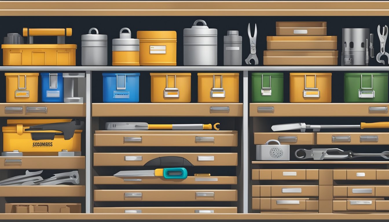 The safety and maintenance storage drawers are neatly organized with labeled compartments and locks. Tools, equipment, and supplies are stored in a secure and accessible manner