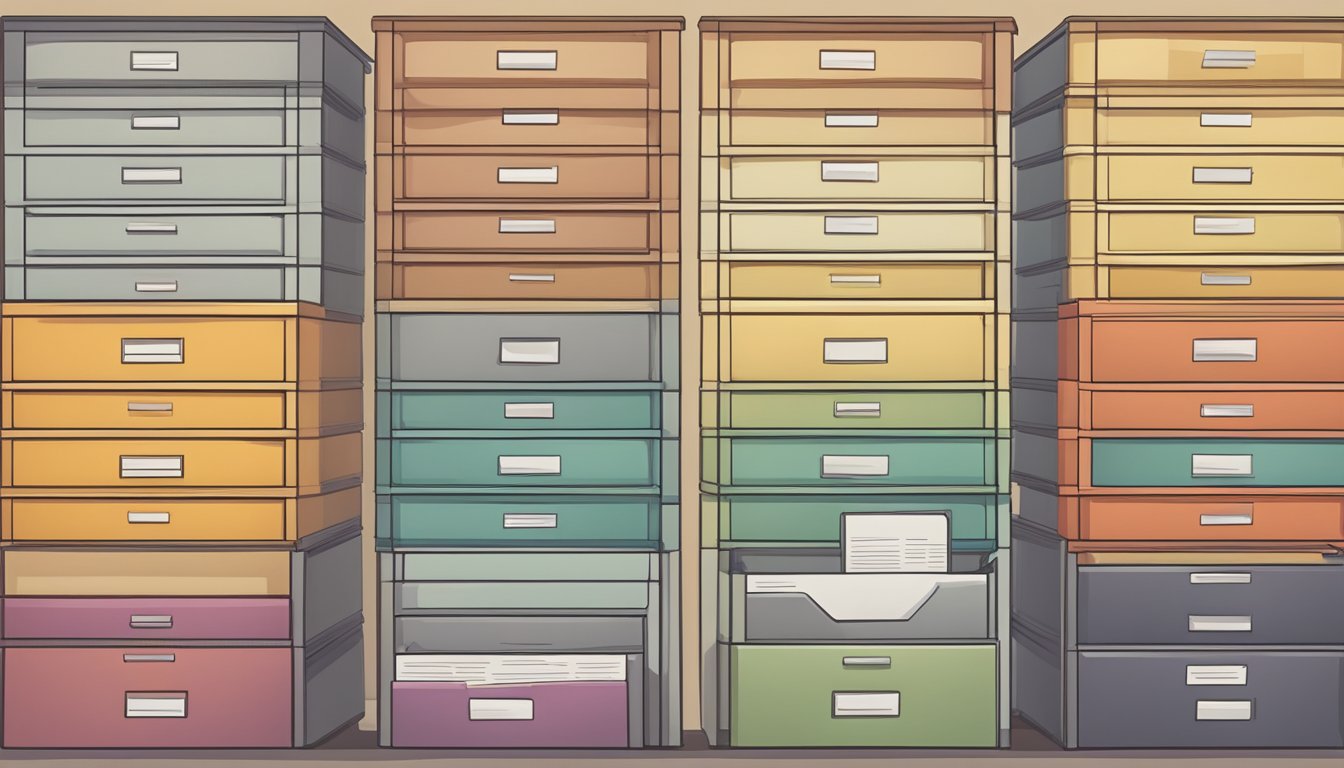 Several labeled drawers stacked neatly, each containing a variety of frequently asked questions documents