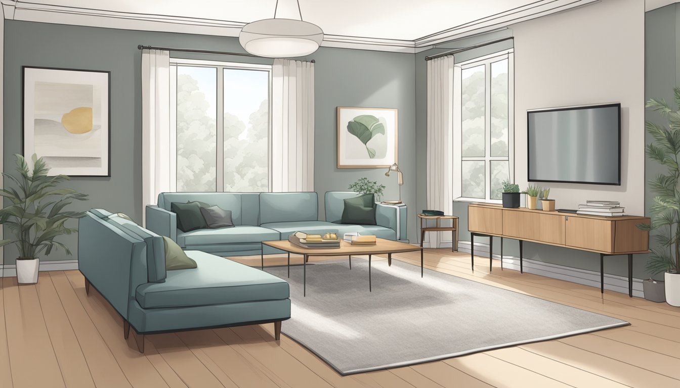 A simple, uncluttered room with clean lines and neutral colors, containing only essential furniture and decor