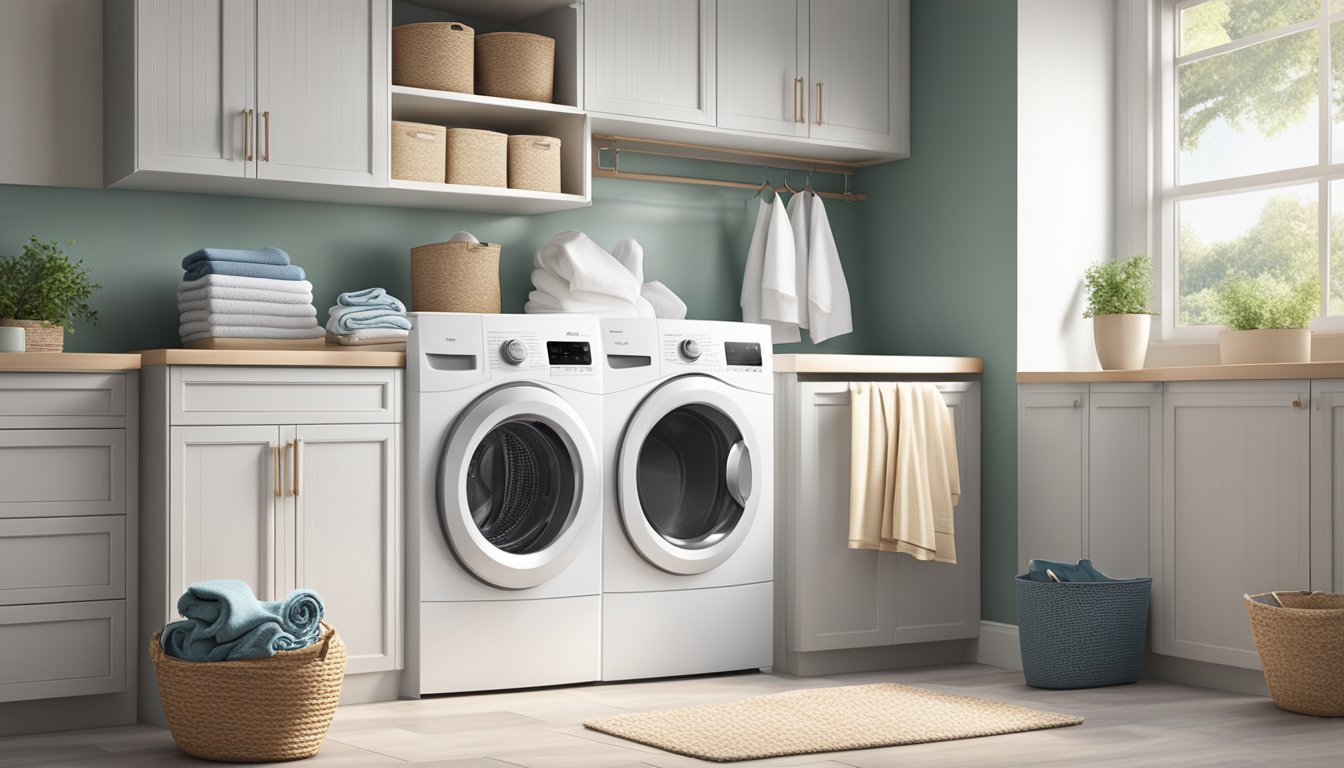 A modern washer and dryer set in a clean, well-lit laundry room with neatly folded towels and a basket of laundry nearby