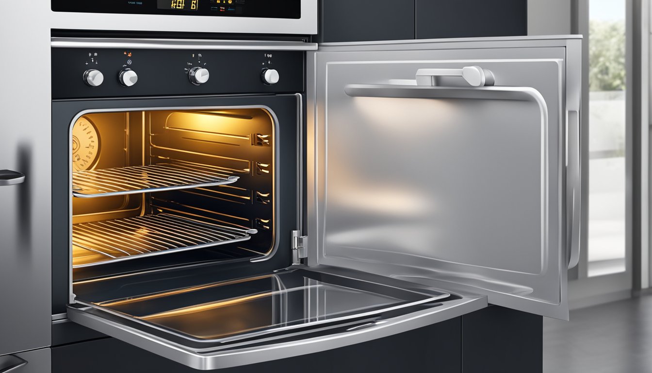 The oven door is open, with the temperature dial turned to the desired setting. The oven light is on, indicating that it is preheating