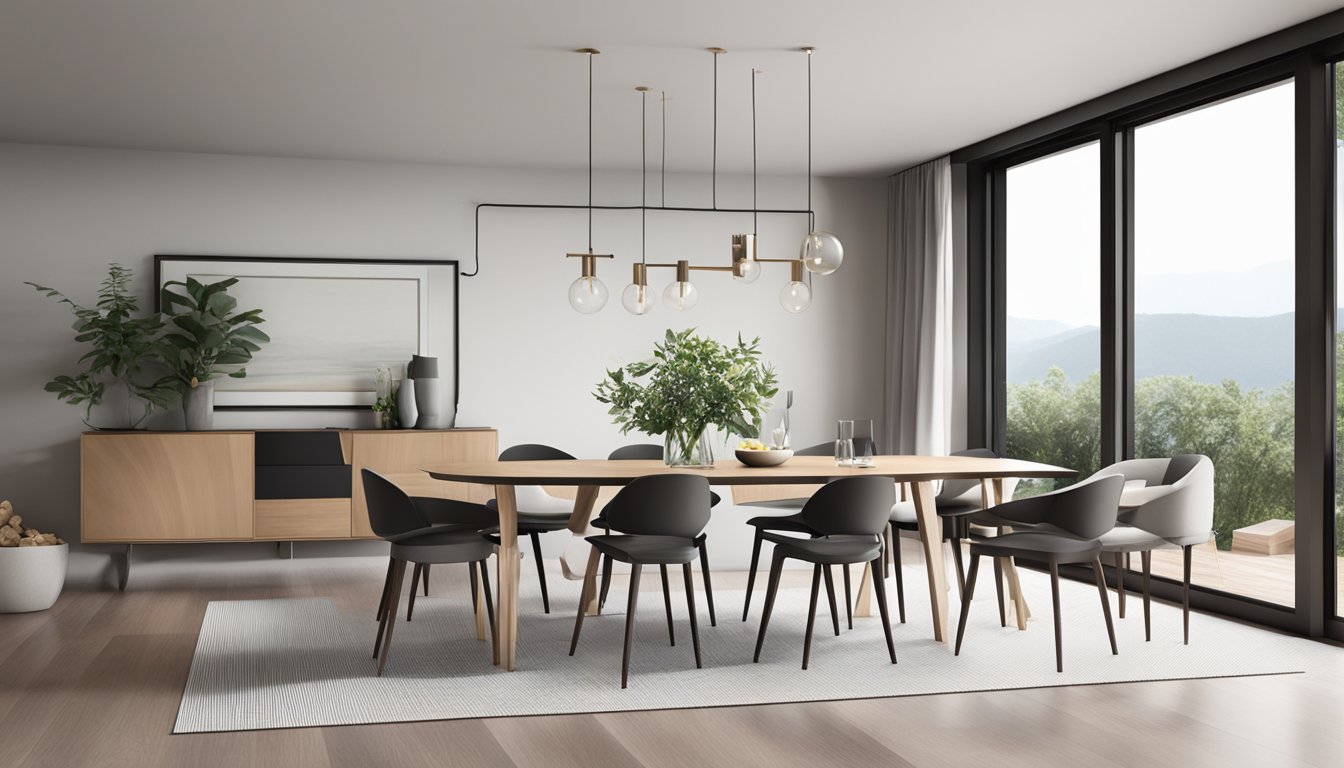 An elegant, modern dining table expands to accommodate more guests, with sleek lines and a minimalist design