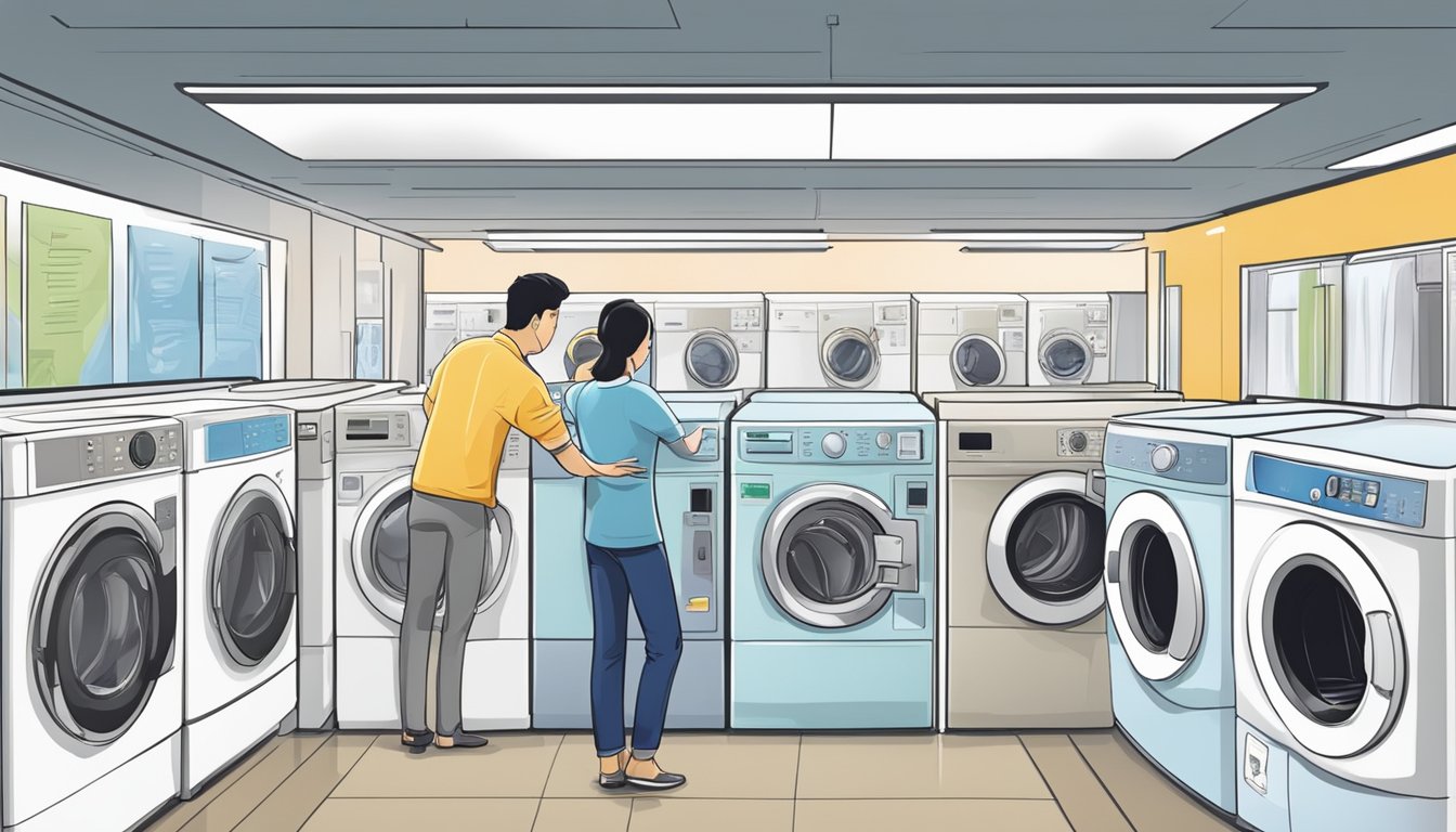 A customer compares top load washing machines in a Singapore appliance store