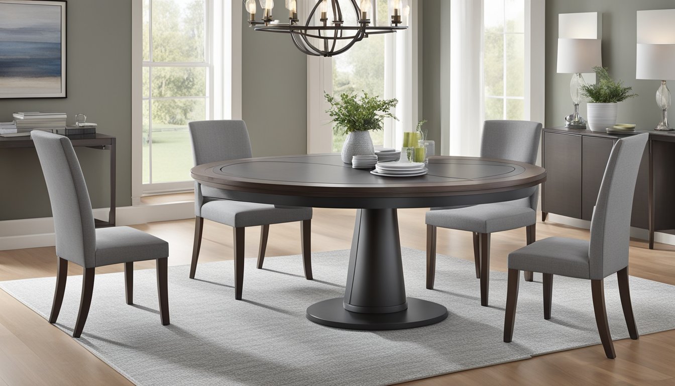 An expandable round dining table effortlessly transforms from a compact size to a larger surface, showcasing its functionality and flexibility