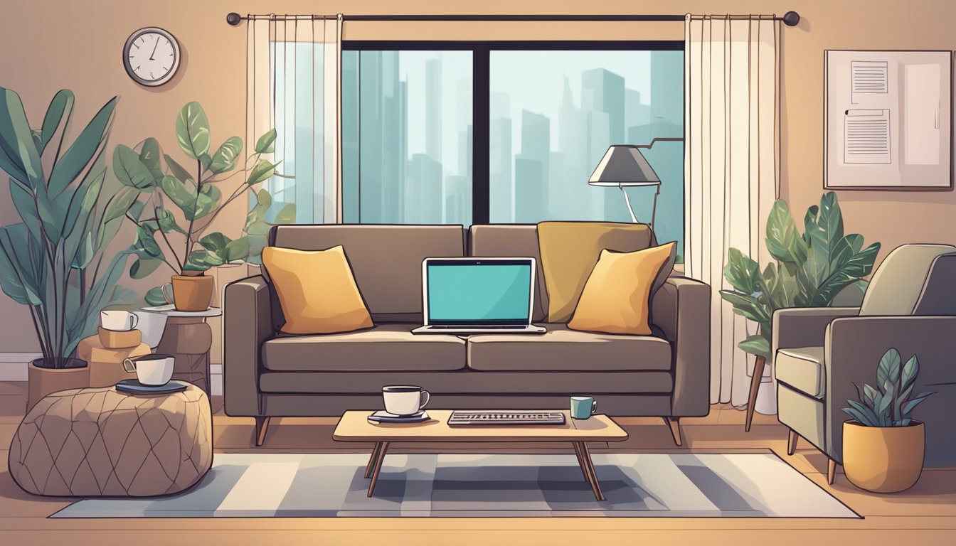 A cozy sofa surrounded by various electronic devices, with a laptop open to a webpage labeled "Frequently Asked Questions sofa online singapore."