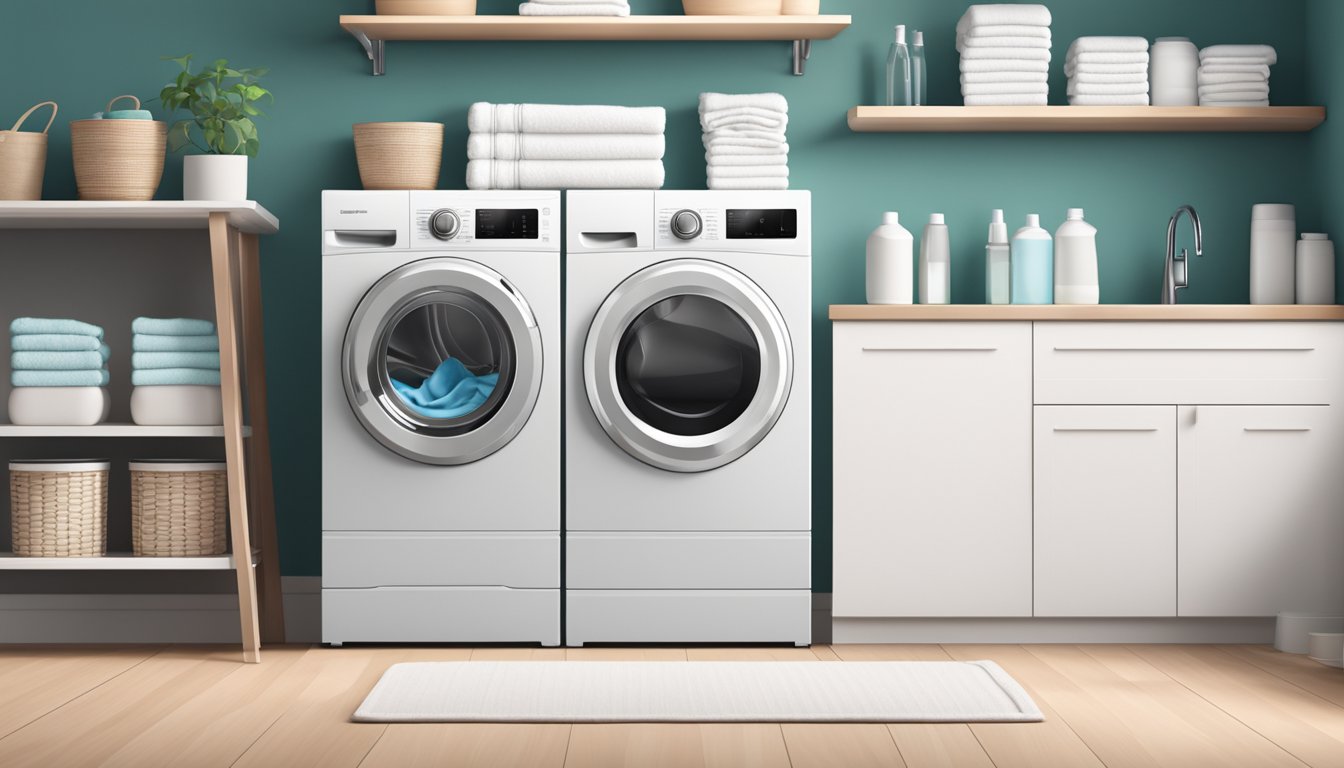 A modern top load washing machine in a bright and clean laundry room with shelves of neatly folded towels and detergent nearby