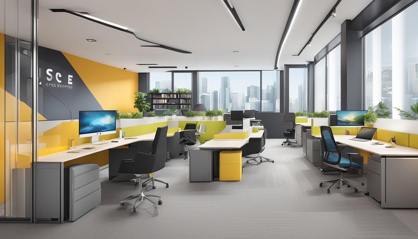 A modern office space with sleek furniture and branding of "fuse concept pte ltd" on the wall