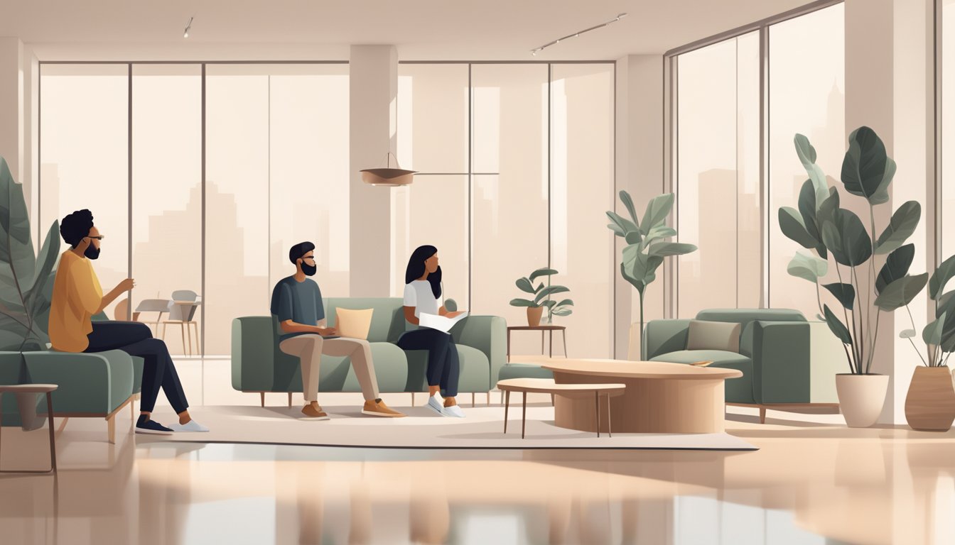 A group of people gathered in a simple, modern setting, discussing and sharing information about the minimalist lifestyle. The space is clean and uncluttered, with simple furnishings and neutral colors