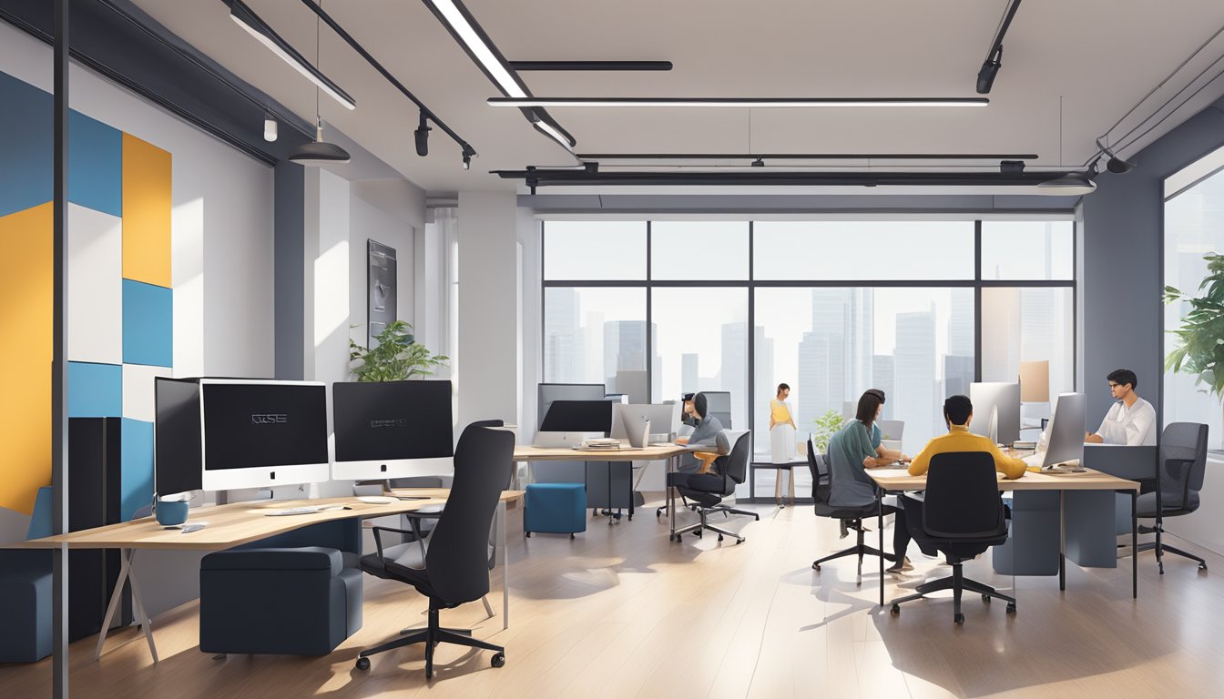 A modern office space with sleek furniture, computers, and a team collaborating on a project at Fuse Concept Pte Ltd