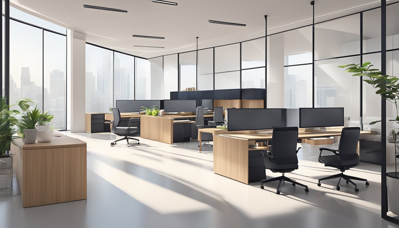 A sleek, modern office space with clean lines and functional furniture. Minimalist decor and natural lighting create a professional yet inviting atmosphere