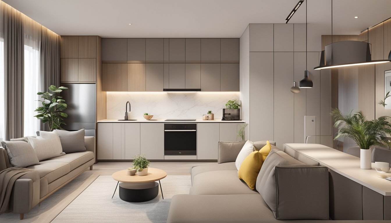 A modern 4-room HDB flat with open-concept kitchen, sleek built-in storage, and contemporary lighting fixtures. A cozy living area with a neutral color palette and minimalist furnishings