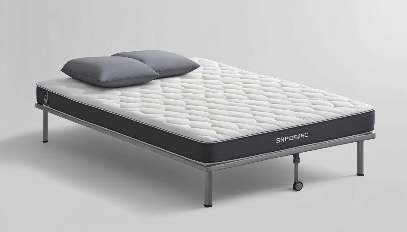 A single mattress, 38 inches wide and 75 inches long, sits on a simple metal bed frame against a plain white wall