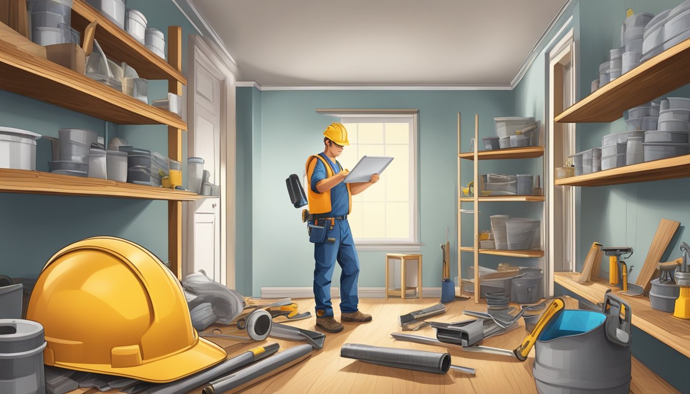 A construction worker surveys a room filled with tools and materials, ready to begin renovating a space for a client