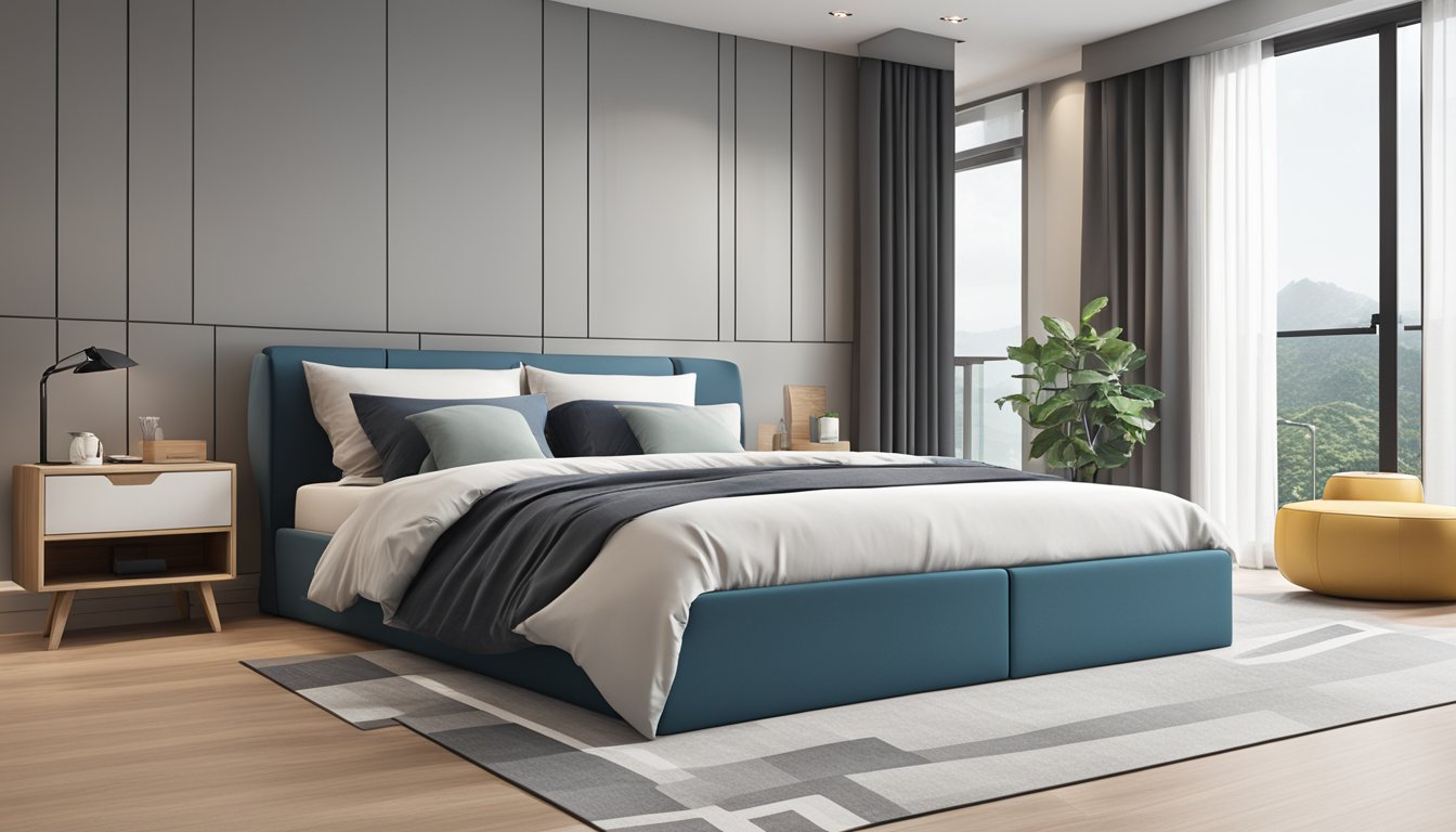 A modern storage bed frame in a spacious Singapore bedroom, with clean lines and sleek design, showcasing its functionality and style