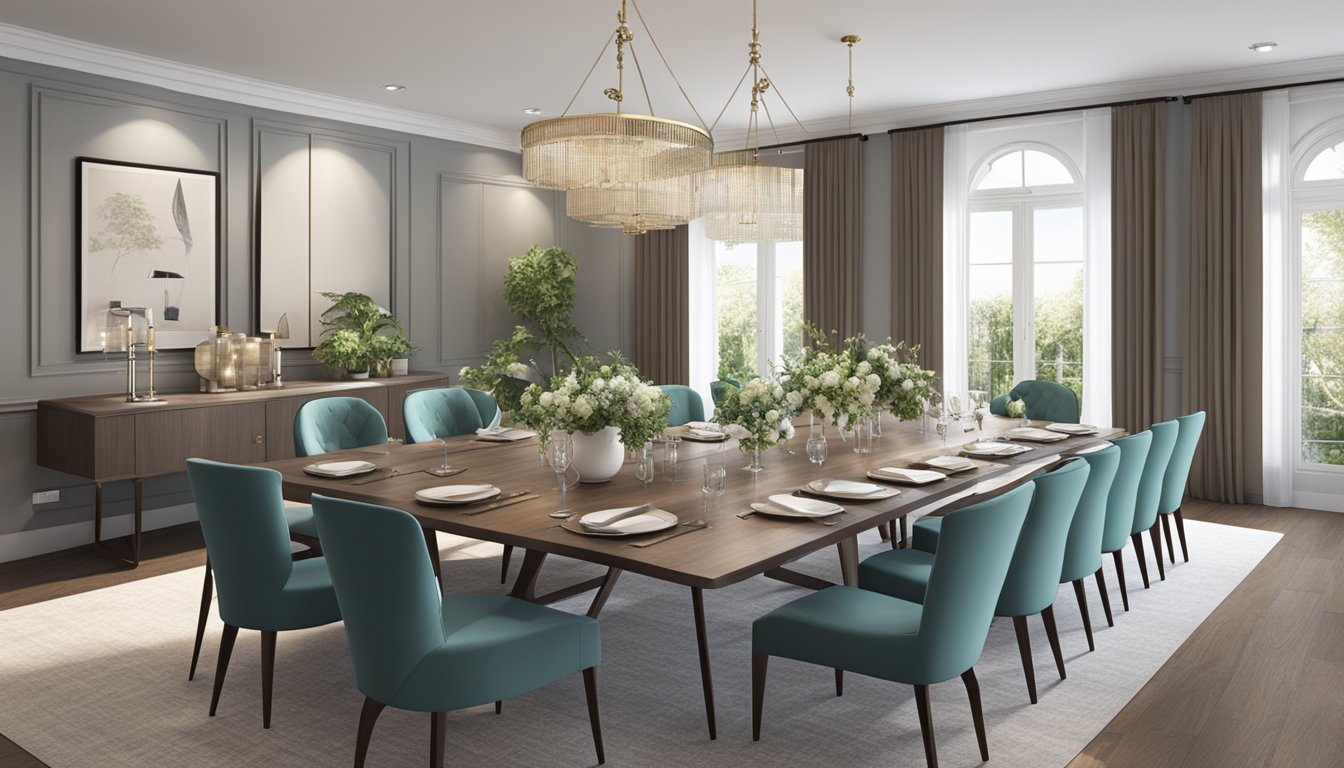 A spacious dining room with a variety of 6-seater dining tables arranged in different styles and materials, with chairs neatly tucked in, creating a welcoming and elegant atmosphere