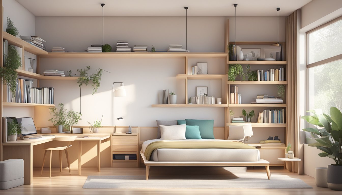 A platform bed with an attached study table, surrounded by shelves and a cozy reading nook. The room is bright and airy, with a minimalist and modern design