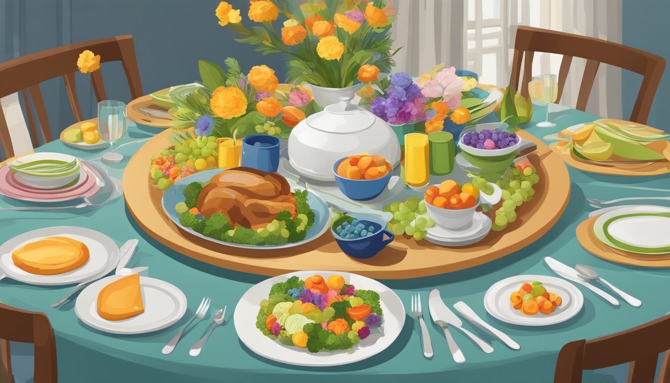 A round lazy susan table adorned with colorful dishes and a floral centerpiece, set for a family dinner