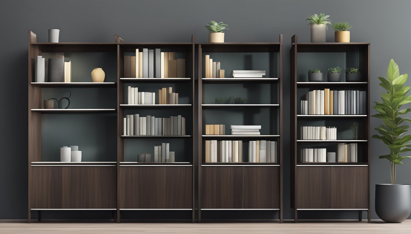 A sleek, modern bookshelf cabinet made of dark wood and glass, with clean lines and minimalistic design