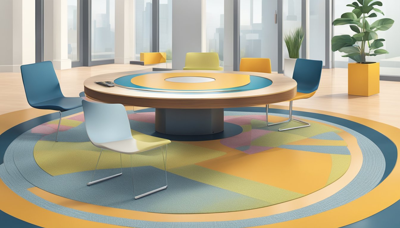 A circular table with a rotating base, featuring a smooth surface and a raised edge for items to sit securely