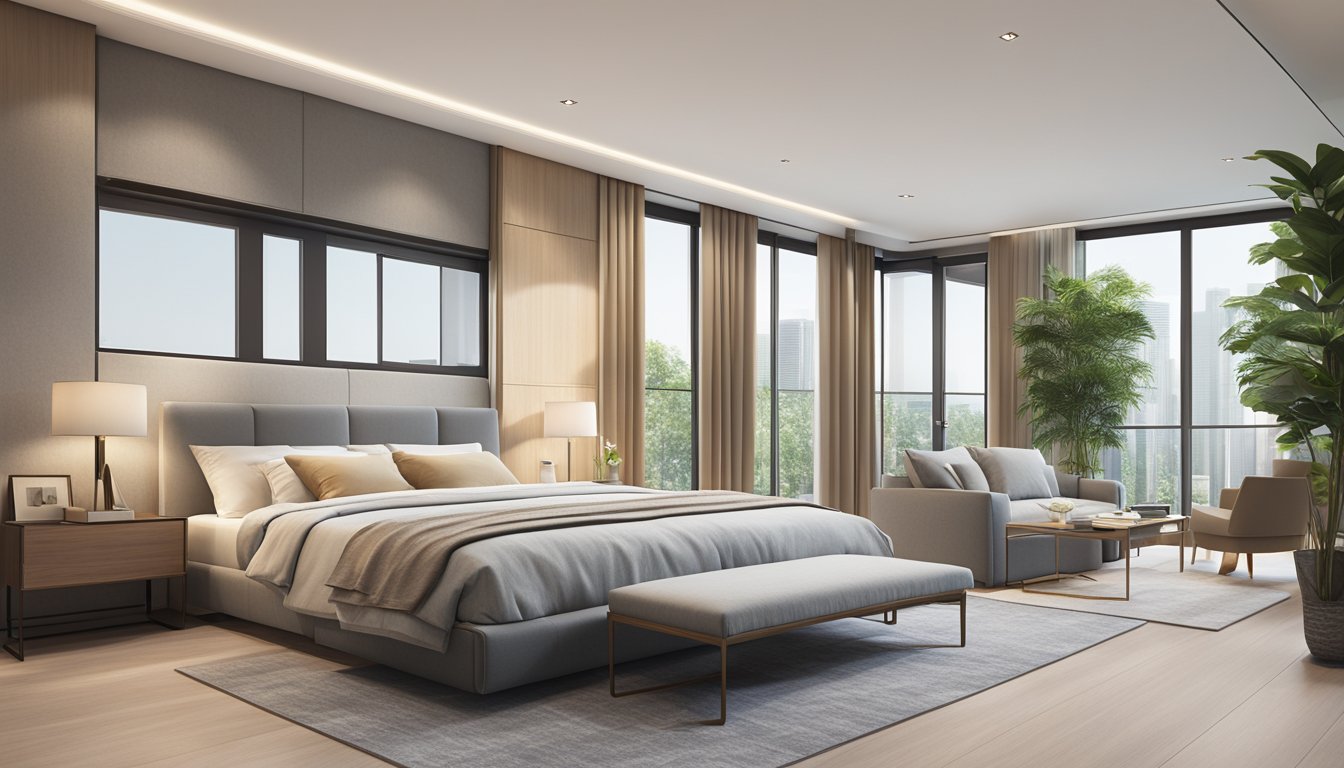 A modern bedroom in Singapore with sleek furniture, a neutral color palette, and large windows letting in natural light