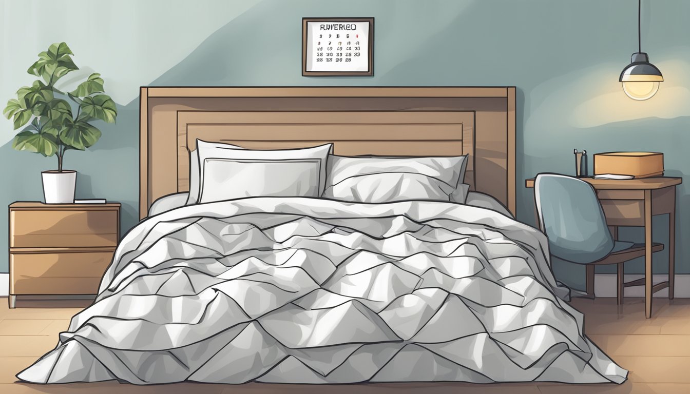 A bed with rumpled sheets and a calendar showing regular intervals for changing them