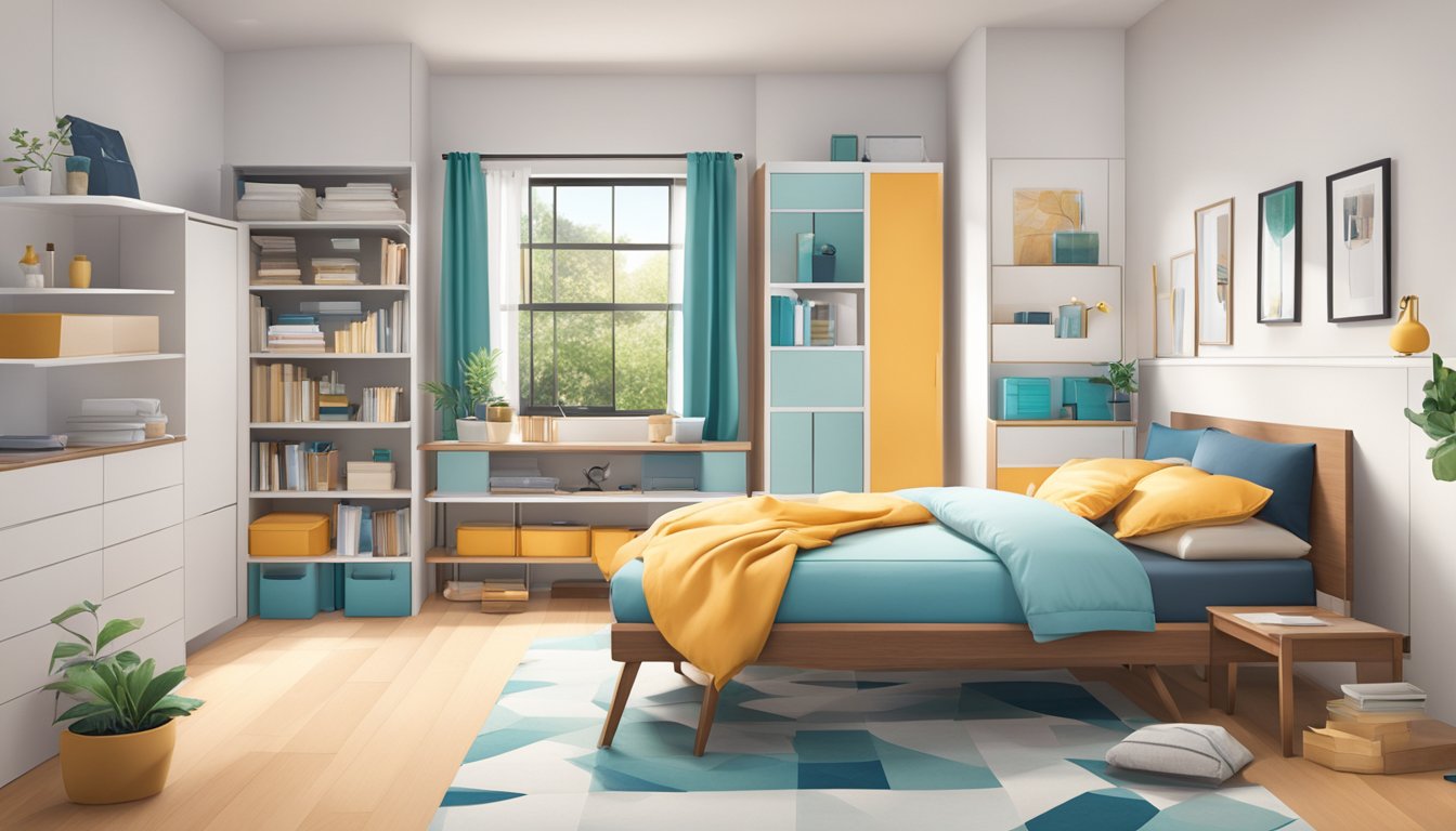 A bedroom with a storage bed frame, showing hidden compartments and organized belongings. Bright, clean, and spacious