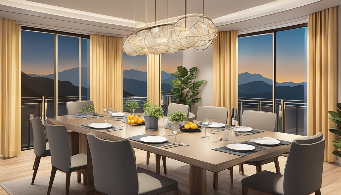 A 6-seater dining table with chairs arranged around it, set with plates, cutlery, and glasses. A pendant light hangs above the table, casting a warm glow