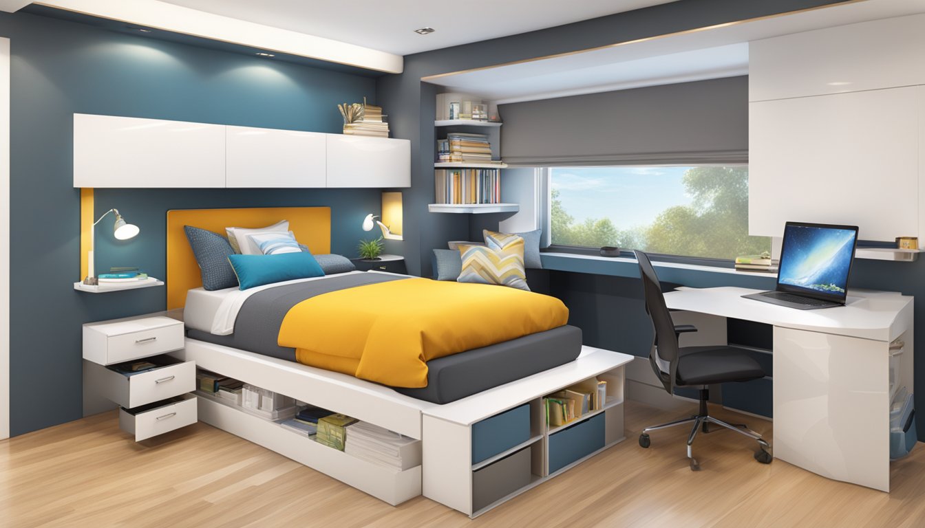 A sleek platform bed with integrated study table, maximizing storage and style