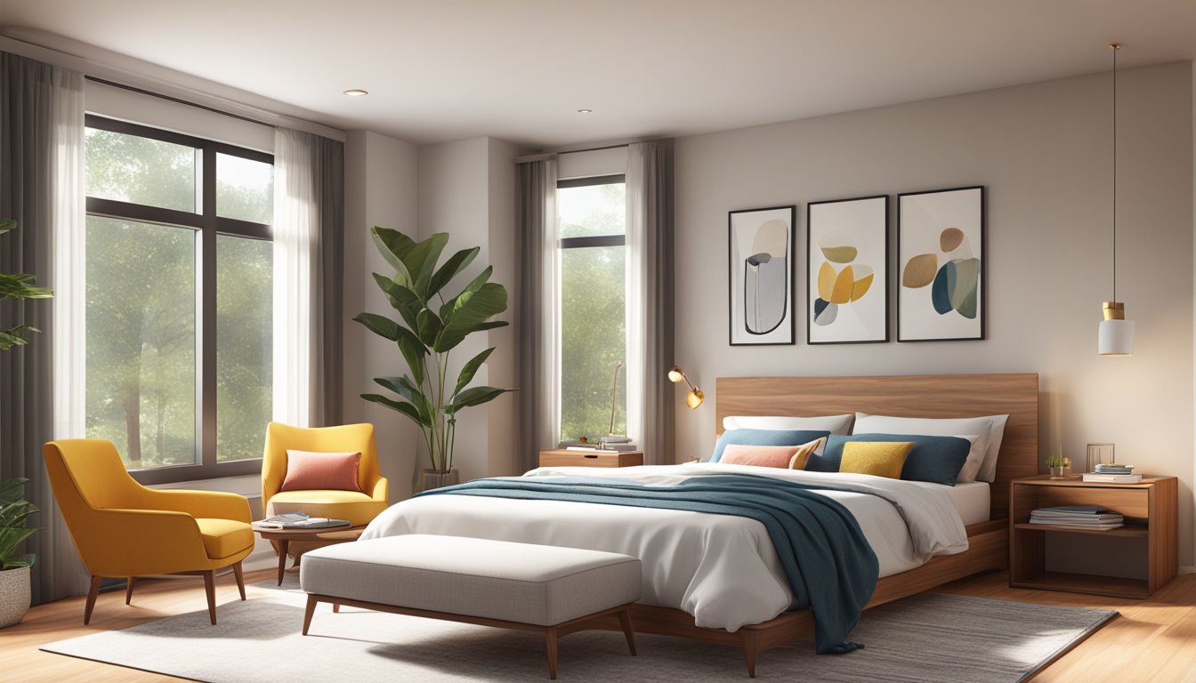A spacious, modern bedroom with clean lines, warm wood tones, and pops of vibrant color. Large windows allow natural light to fill the room, and a cozy reading nook beckons from the corner