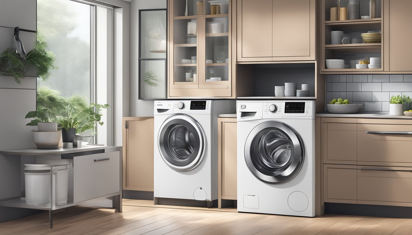 A front load washer in a modern Singaporean kitchen, with sleek design and digital display