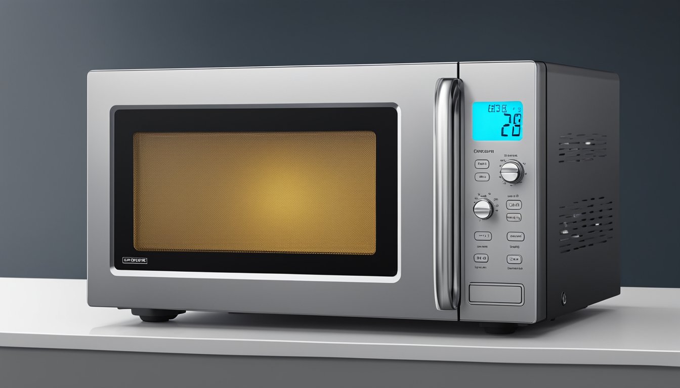A microwave sits on a kitchen counter, its sleek metallic exterior gleaming under the warm glow of the overhead light. The dimensions are compact, with a digital display and a few buttons for control