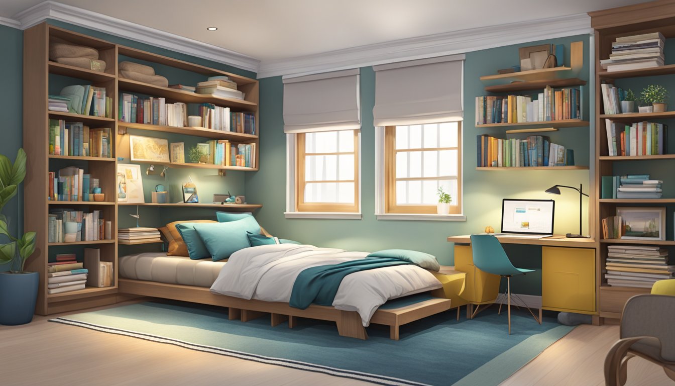A modern platform bed with an attached study table, surrounded by shelves and a cozy reading nook