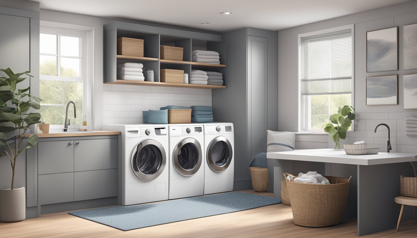A sleek front load washer stands in a modern laundry room, surrounded by neatly folded towels and a basket of fresh-smelling clothes
