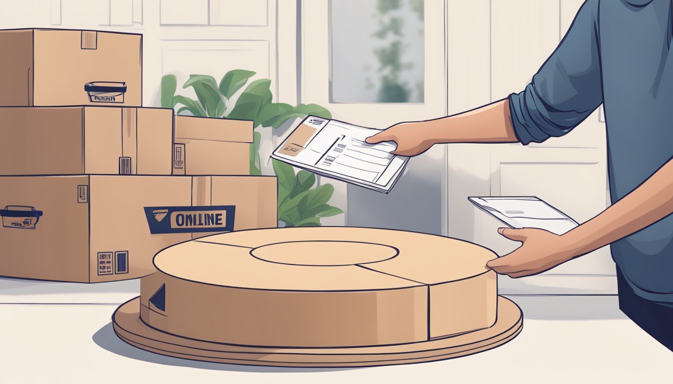 A hand places an order online for a lazy susan table. A delivery person drops off the package at a doorstep