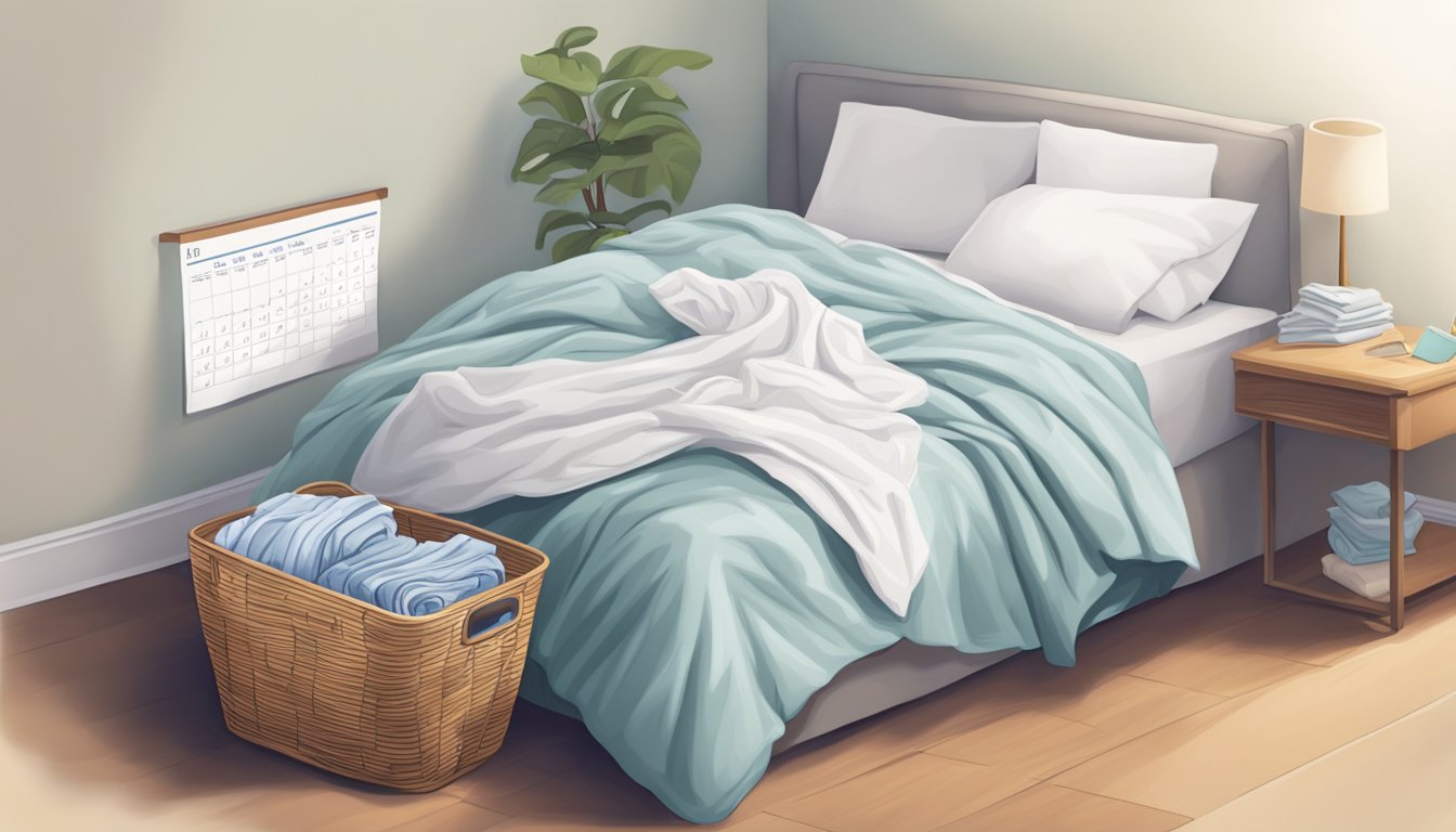 A bed with rumpled sheets, a calendar showing regular date changes, and a laundry basket filled with fresh linens