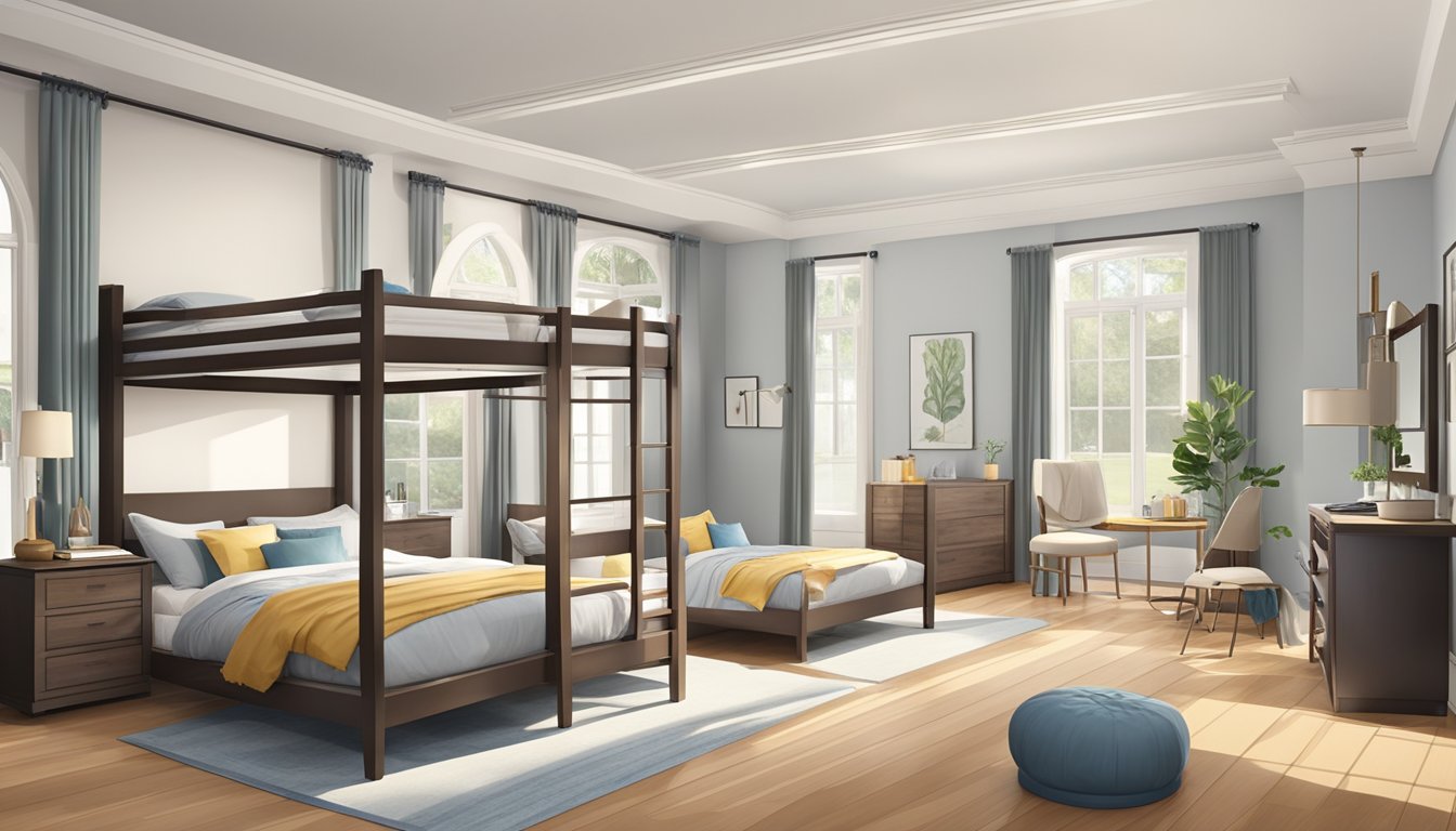 A bedroom with various types of beds: bunk, canopy, platform, and sleigh beds arranged in a spacious room with natural light