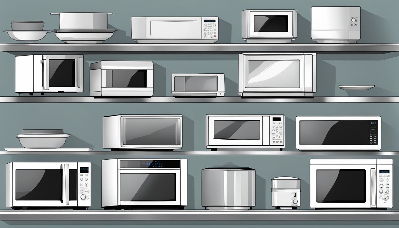 A variety of microwaves in different sizes and types are displayed on a shelf, showcasing the range of dimensions available