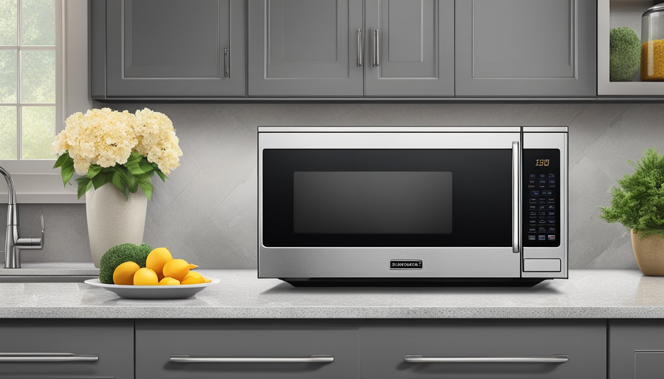 A sleek stainless steel microwave sits on a granite countertop, with dimensions of 18 inches in width, 12 inches in height, and 14 inches in depth