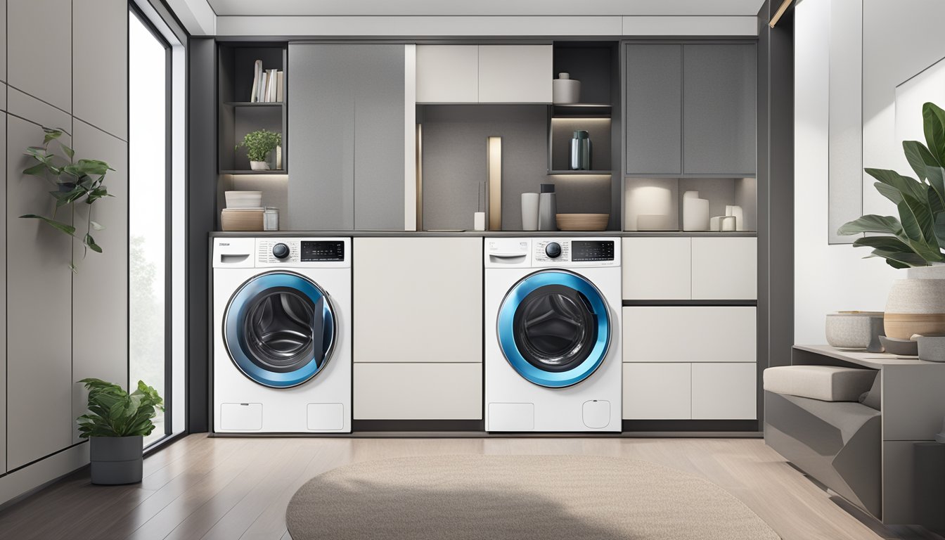 A sleek, modern front load washer in a Singaporean home, with advanced features and high-performance capabilities