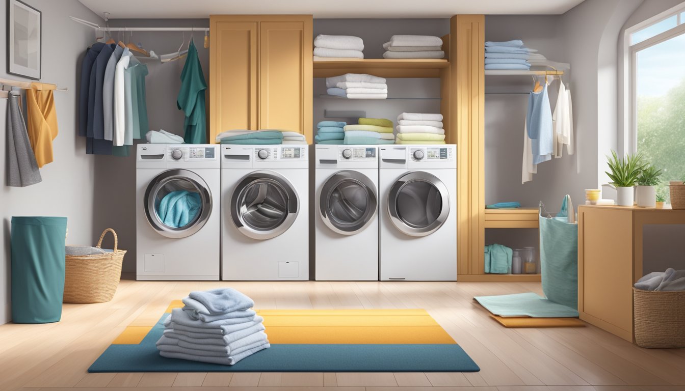 A front load washer in a modern Singaporean home, surrounded by laundry detergent, fabric softener, and a pile of neatly folded clothes