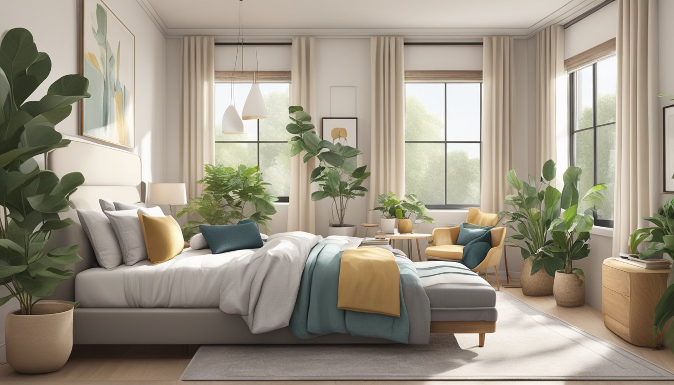A bedroom with neutral walls, a cozy bed with a plush headboard, a sleek desk, and a stylish armchair. A large window lets in natural light, and potted plants add a touch of greenery