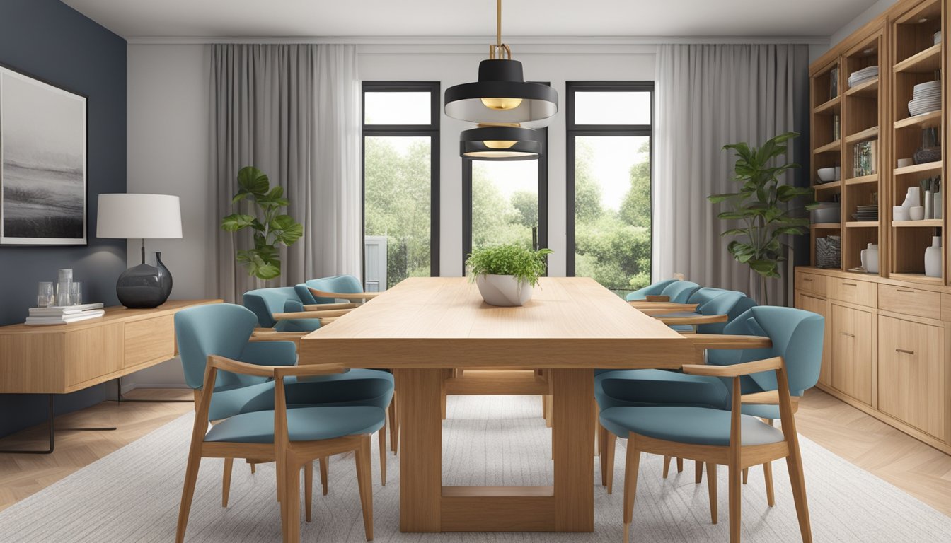 A wooden dining table with built-in storage compartments, surrounded by chairs