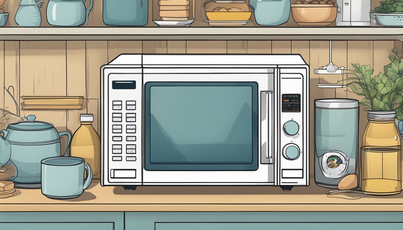 A microwave surrounded by various objects, with dimensions labeled clearly