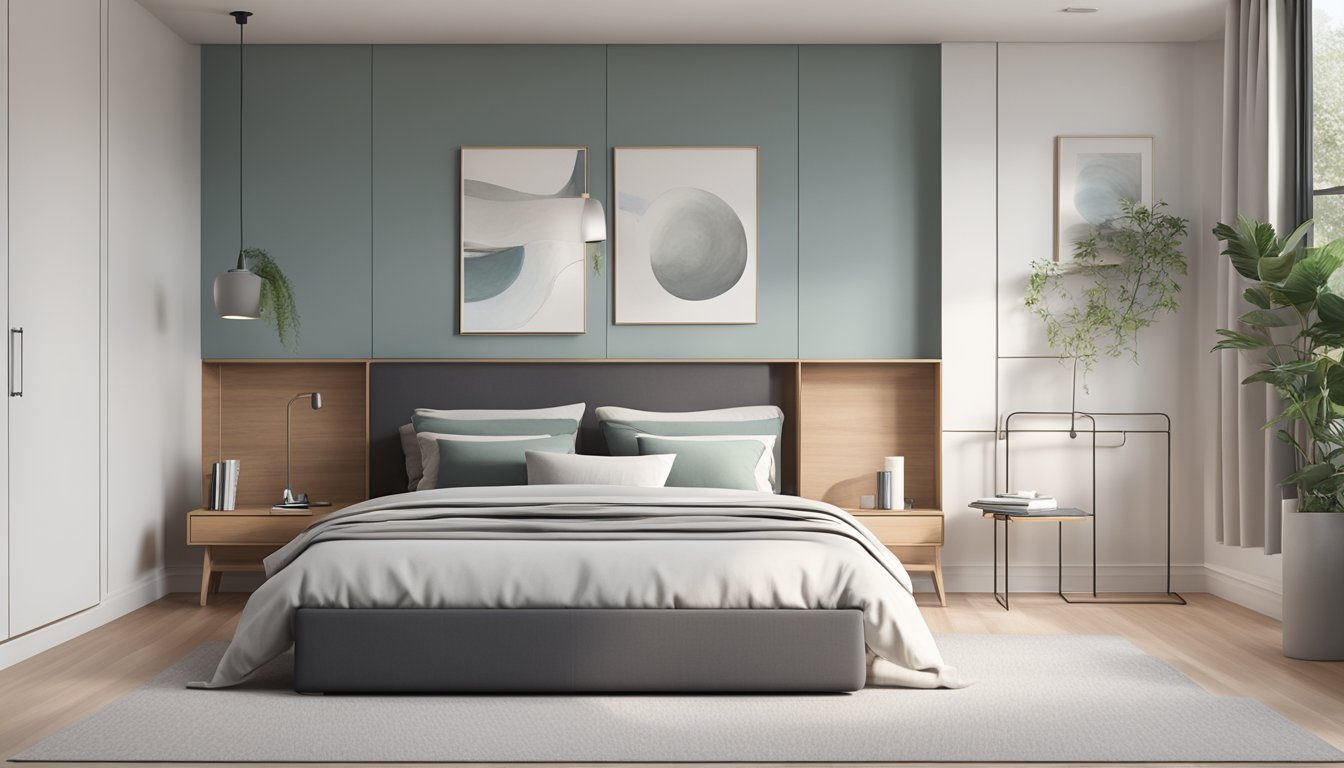 A modern bedroom with a sleek, low-profile storage bed frame in a spacious room with minimalist decor and natural light