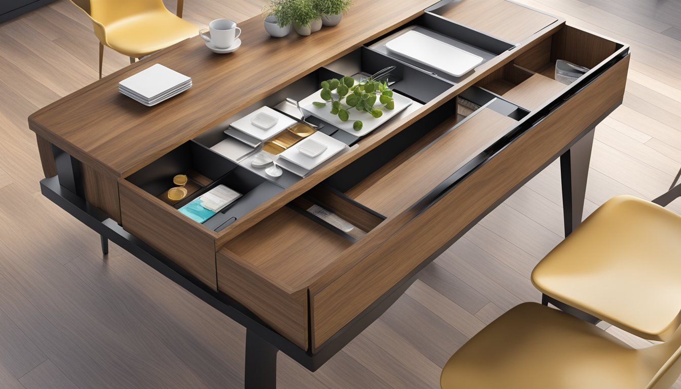 A modern dining table with built-in storage compartments, made of sleek wood and metal materials